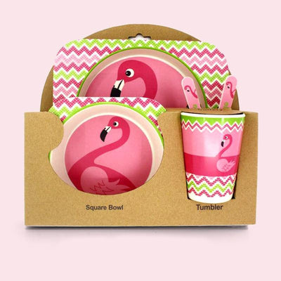 Fidtoy Bamboo Dinnerware Set for Kids – 5 Piece Mealtime Set Plate Bowl Cup Spoon Fork for Toddlers