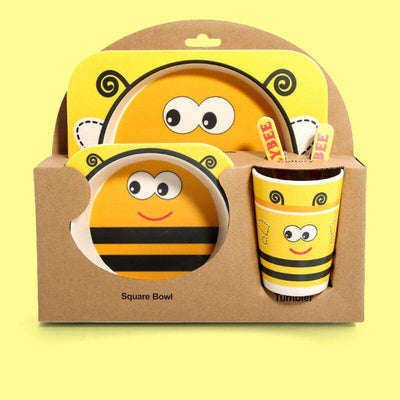 Fidtoy Bamboo Dinnerware Set for Kids – 5 Piece Mealtime Set Plate Bowl Cup Spoon Fork for Toddlers