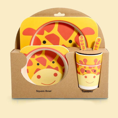 Fidtoy Bamboo Dinnerware Set for Kids – 5 Piece Mealtime Set Plate Bowl Cup Spoon Fork for Toddlers