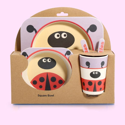 Fidtoy Bamboo Dinnerware Set for Kids – 5 Piece Mealtime Set Plate Bowl Cup Spoon Fork for Toddlers