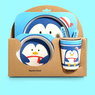 Fidtoy Bamboo Dinnerware Set for Kids – 5 Piece Mealtime Set Plate Bowl Cup Spoon Fork for Toddlers