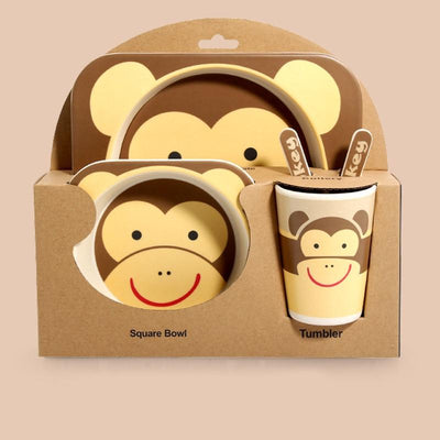 Fidtoy Bamboo Dinnerware Set for Kids – 5 Piece Mealtime Set Plate Bowl Cup Spoon Fork for Toddlers