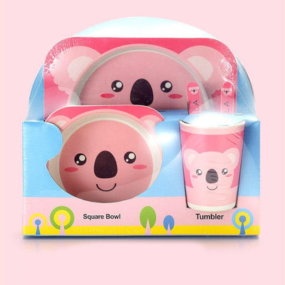 Fidtoy Bamboo Dinnerware Set for Kids – 5 Piece Mealtime Set Plate Bowl Cup Spoon Fork for Toddlers