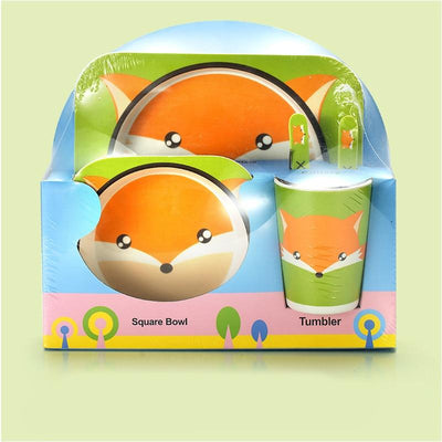 Fidtoy Bamboo Dinnerware Set for Kids – 5 Piece Mealtime Set Plate Bowl Cup Spoon Fork for Toddlers