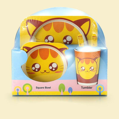 Fidtoy Bamboo Dinnerware Set for Kids – 5 Piece Mealtime Set Plate Bowl Cup Spoon Fork for Toddlers