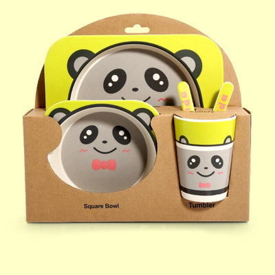 Fidtoy Bamboo Dinnerware Set for Kids – 5 Piece Mealtime Set Plate Bowl Cup Spoon Fork for Toddlers