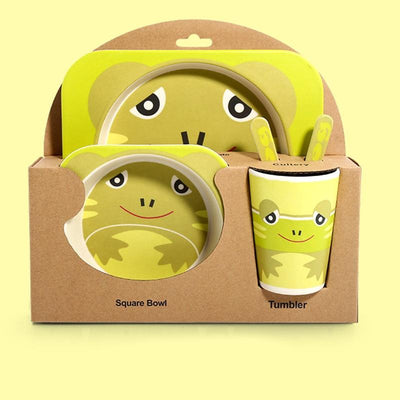 Fidtoy Bamboo Dinnerware Set for Kids – 5 Piece Mealtime Set Plate Bowl Cup Spoon Fork for Toddlers