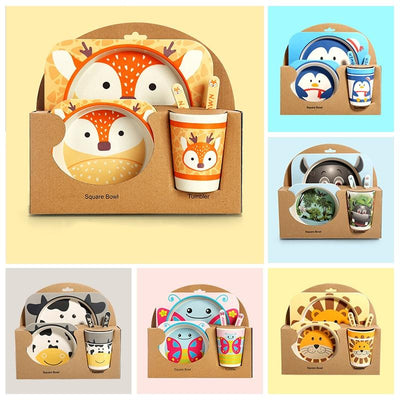 Fidtoy Bamboo Dinnerware Set for Kids – 5 Piece Mealtime Set Plate Bowl Cup Spoon Fork for Toddlers