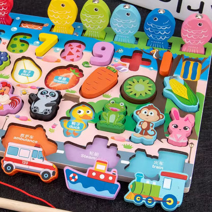 Cartoon Character Six in One Traffic Matching Board | 6 in 1 Wooden Number Puzzles Shape Sorting Early Education Puzzles