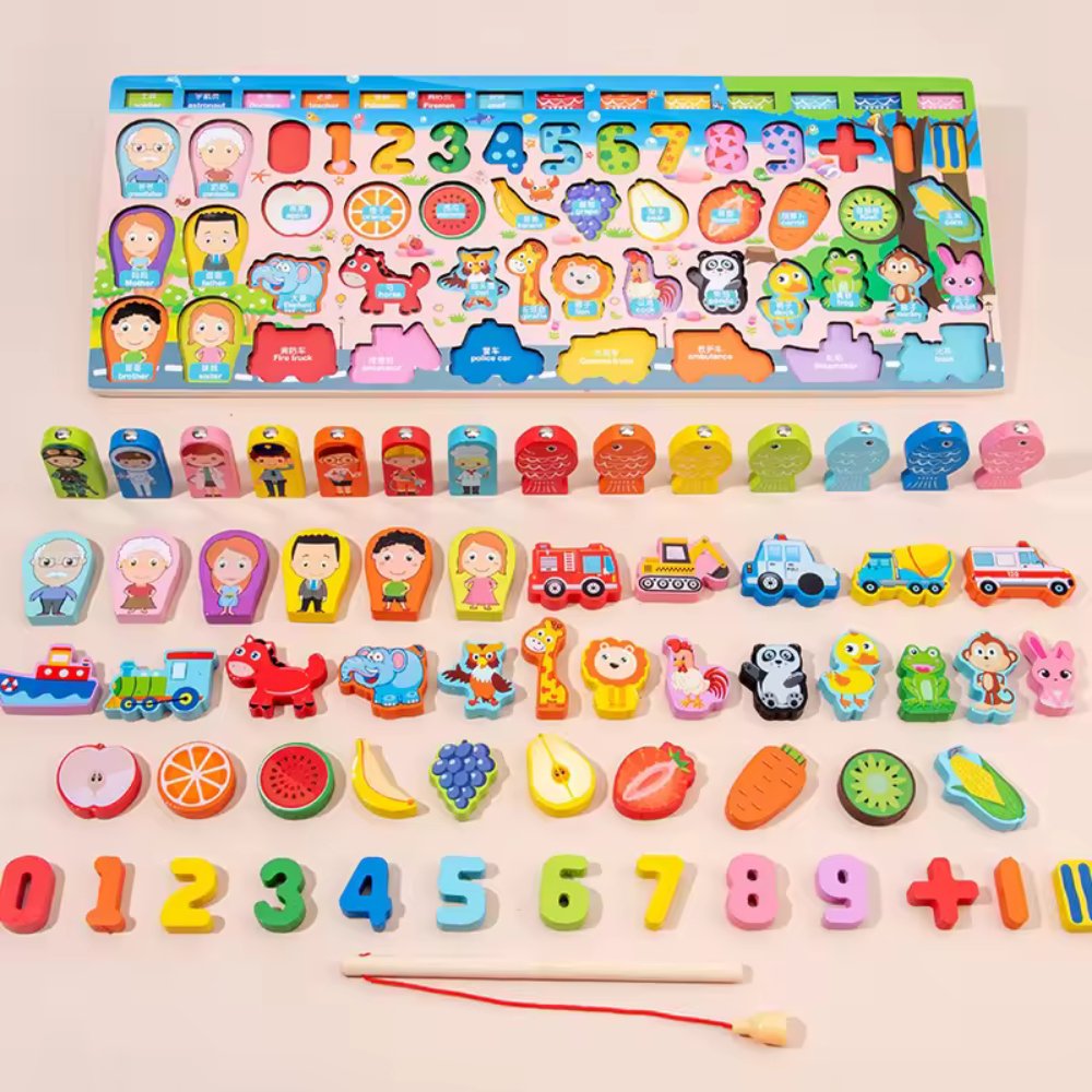 Cartoon Character Six in One Traffic Matching Board | 6 in 1 Wooden Number Puzzles Shape Sorting Early Education Puzzles