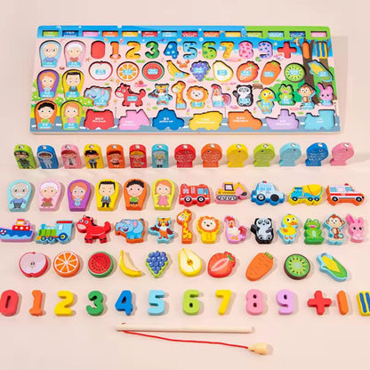 Cartoon Character Six in One Traffic Matching Board | 6 in 1 Wooden Number Puzzles Shape Sorting Early Education Puzzles