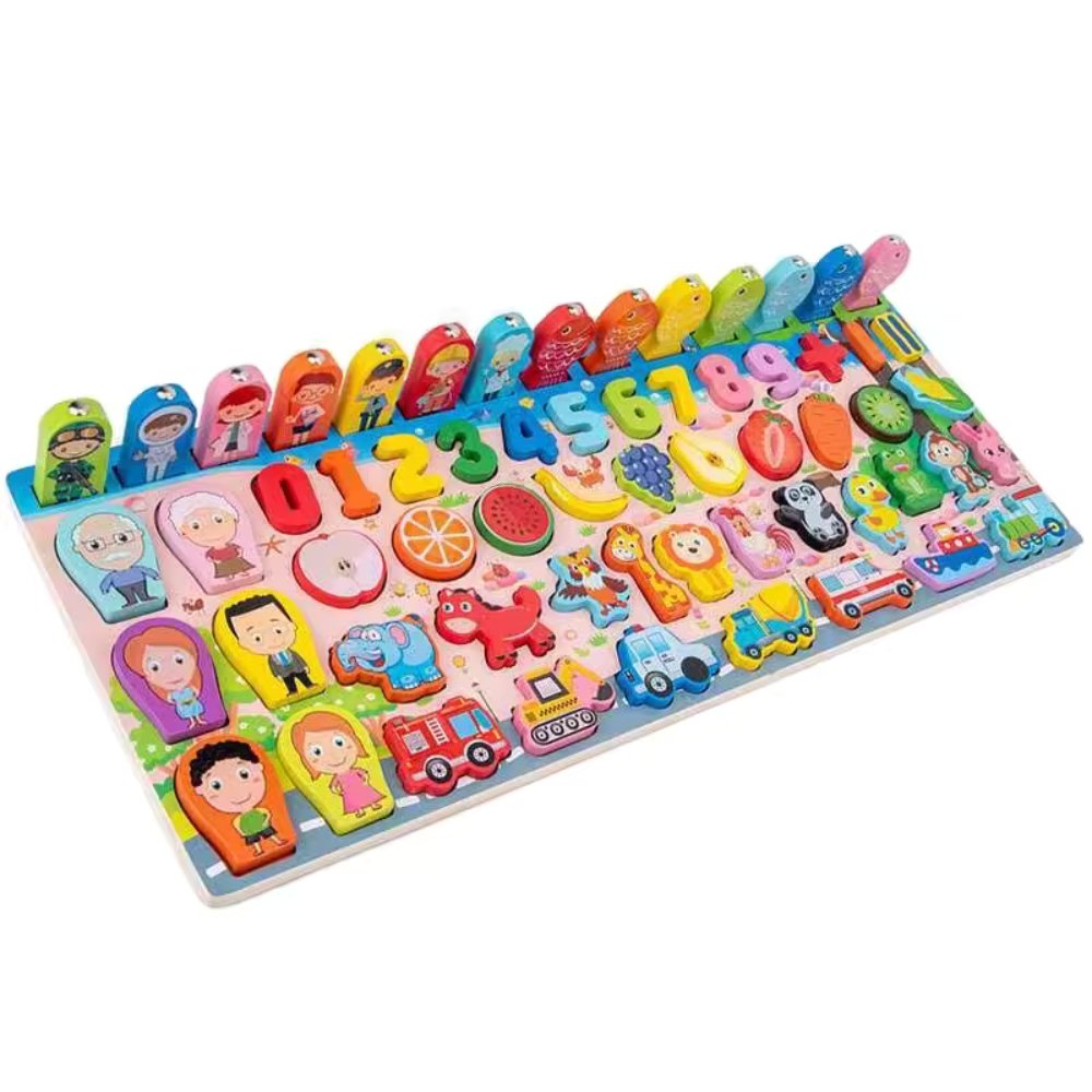 Cartoon Character Six in One Traffic Matching Board | 6 in 1 Wooden Number Puzzles Shape Sorting Early Education Puzzles