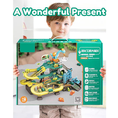 Juego de pistas de construcción de dinosaurios con escalera mecánica motorizada