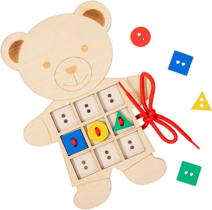 predolo Urso de madeira com botões para amarrar, brinquedo educativo para meninos e meninas.