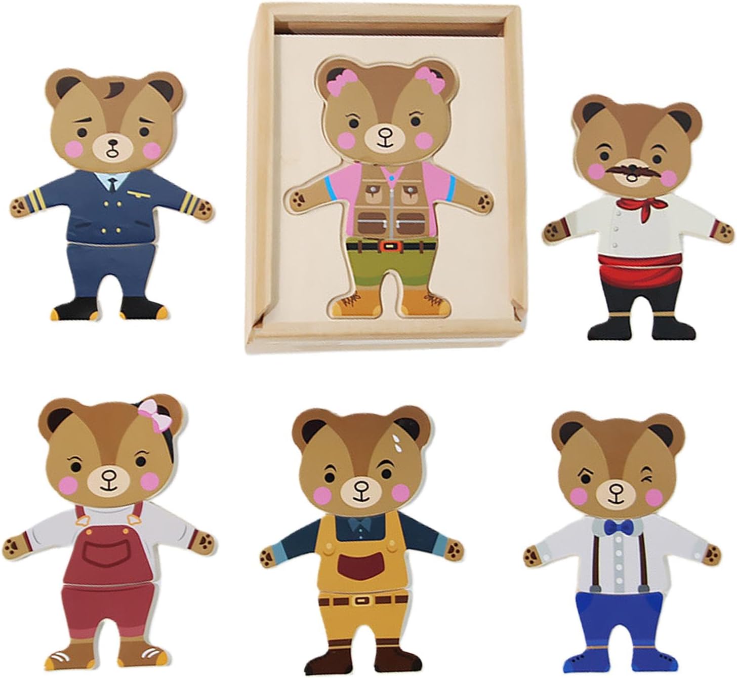 Bear Family Dress Up Puzzle,Wooden Bear Family Costume, Clothes Changing Game, Sorting and Matching Puzzle, Wooden Funny Change Clothes Set for