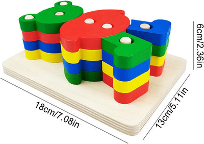 Fidtoy Cartoon Animal Shape Column Wooden Puzzle for Kids, Bear Wooden Sorting and Stacking Toy, Fine Motor Shape Matching Puzzle Age 3+