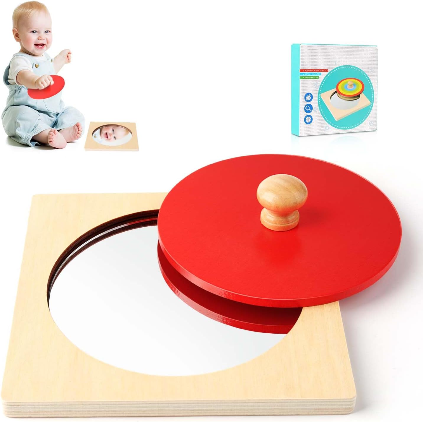 Baby Mirror Montessori Toy, Visual Mirror for Children, Mirror Baby Prone Position, Mirror Peekaboo Button Puzzle, Mirror Simple Child Safe for Babies 6-36 Months