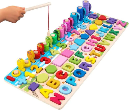 Montessori Toys - 6 in 1 Wooden Blocks Logarithmic Puzzle Board - Educational Kids Toy For Learning Alphabets, Numbers, Shapes, Colors & Math - A Fishing Game For 2, 3, 4 & 5 Years Old Baby