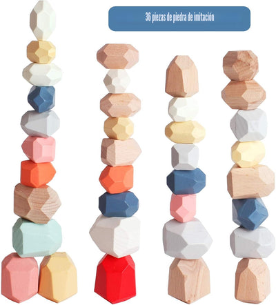 Jouet de construction en bois Montessori en forme de galets colorés (Coordination et Concentration)