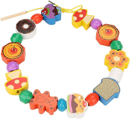 Zerodis Wooden Beads Toy, Wooden Thread Beads Lacing Beads Strings Beads Set Montessori Toys for Toddlers Preschool Children