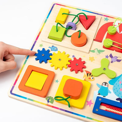 Fidtoy 11 in 1 Montessori Busy Board Toy for Toddlers Wooden Sensory Activity Board with Zippers Buttons Gears Fine Motor Skills Travel Quiet Toy Gift