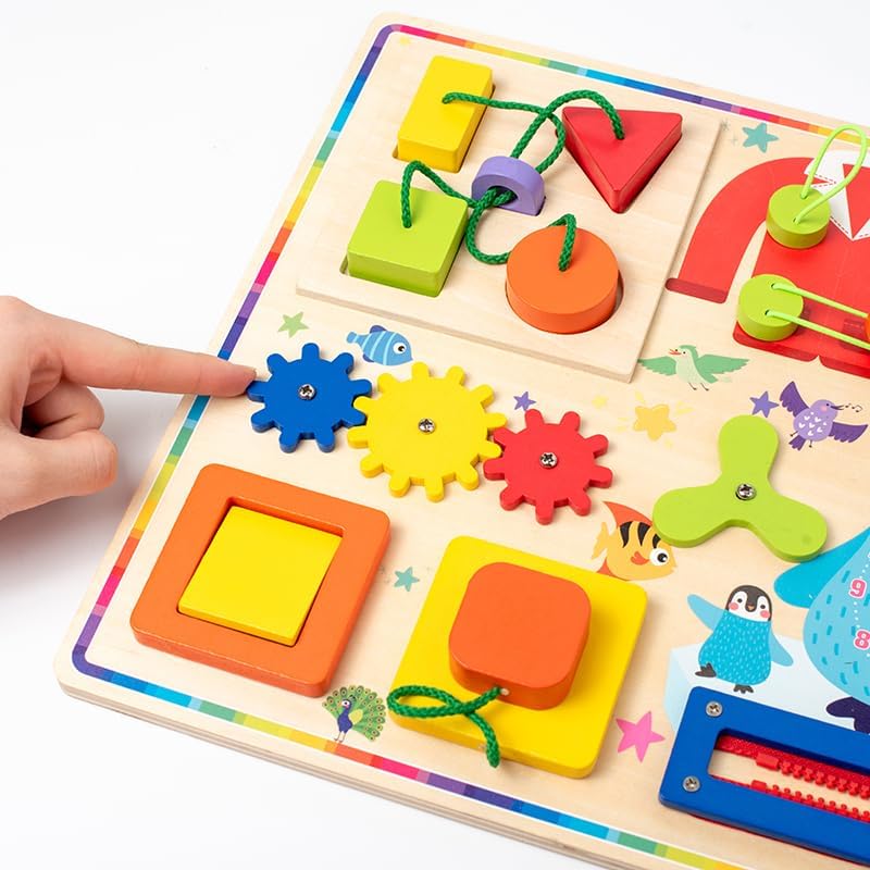Fidtoy 10in1 Wooden Sensory Busy Board Activity for Toddlers, Wooden Montessori Practical Life Activity Board with Xylophone, Maze, Shape Sorter, Zipper, Clock, Gears and Switches Ages 2-4