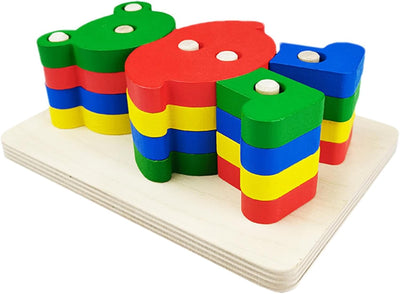 Fidtoy Cartoon Animal Shape Column Wooden Puzzle for Kids, Bear Wooden Sorting and Stacking Toy, Fine Motor Shape Matching Puzzle Age 3+