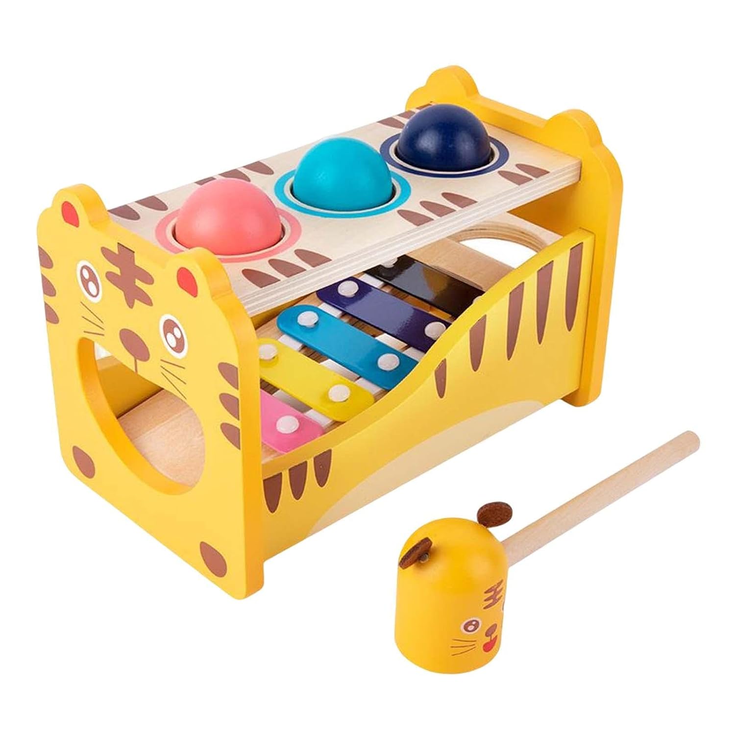 Table à marteler en bois Fidtoy Tigre avec xylophone, table à marteler en bois et xylophone coulissant pour les jeux de motricité fine, la coordination œil-main et le rythme