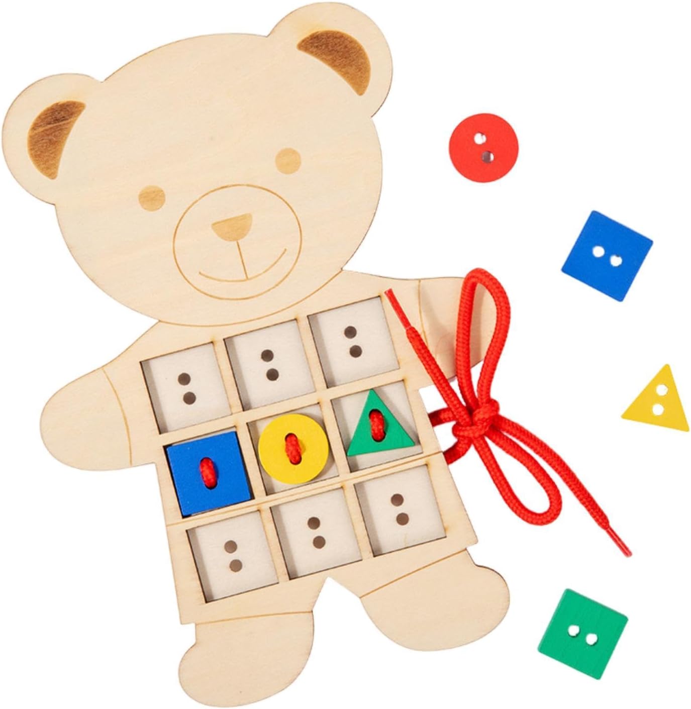 predolo Urso de madeira com botões para amarrar, brinquedo educativo para meninos e meninas.