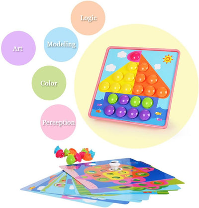 Fidtoy Button Art Mosaic Toy for Kids, 45 Button Matching Game with 12 Picture Cards, Preschool Color Matching Fine Motor Learning Toy Age 3+