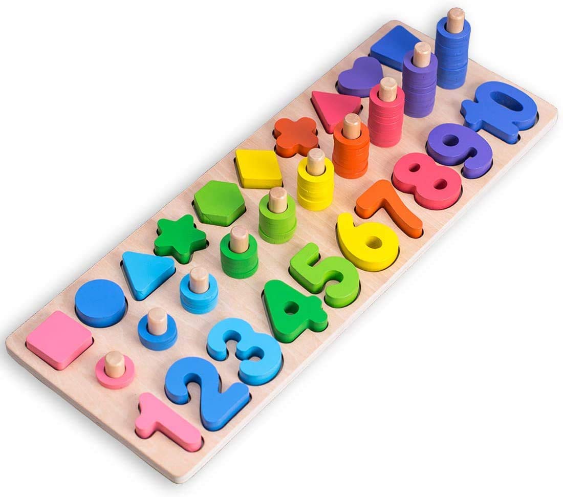 Kiditos (Three in One) Wooden Digital Shape Pairing Puzzle Sorting Montessori, Game for Kids 2 to 5 Year, Math Block Stacking Toy for Boys and Girls