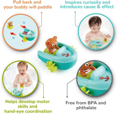 Fidtoy Teddy Bear Pull-Back Bath Boat Toy for Toddlers Water Play