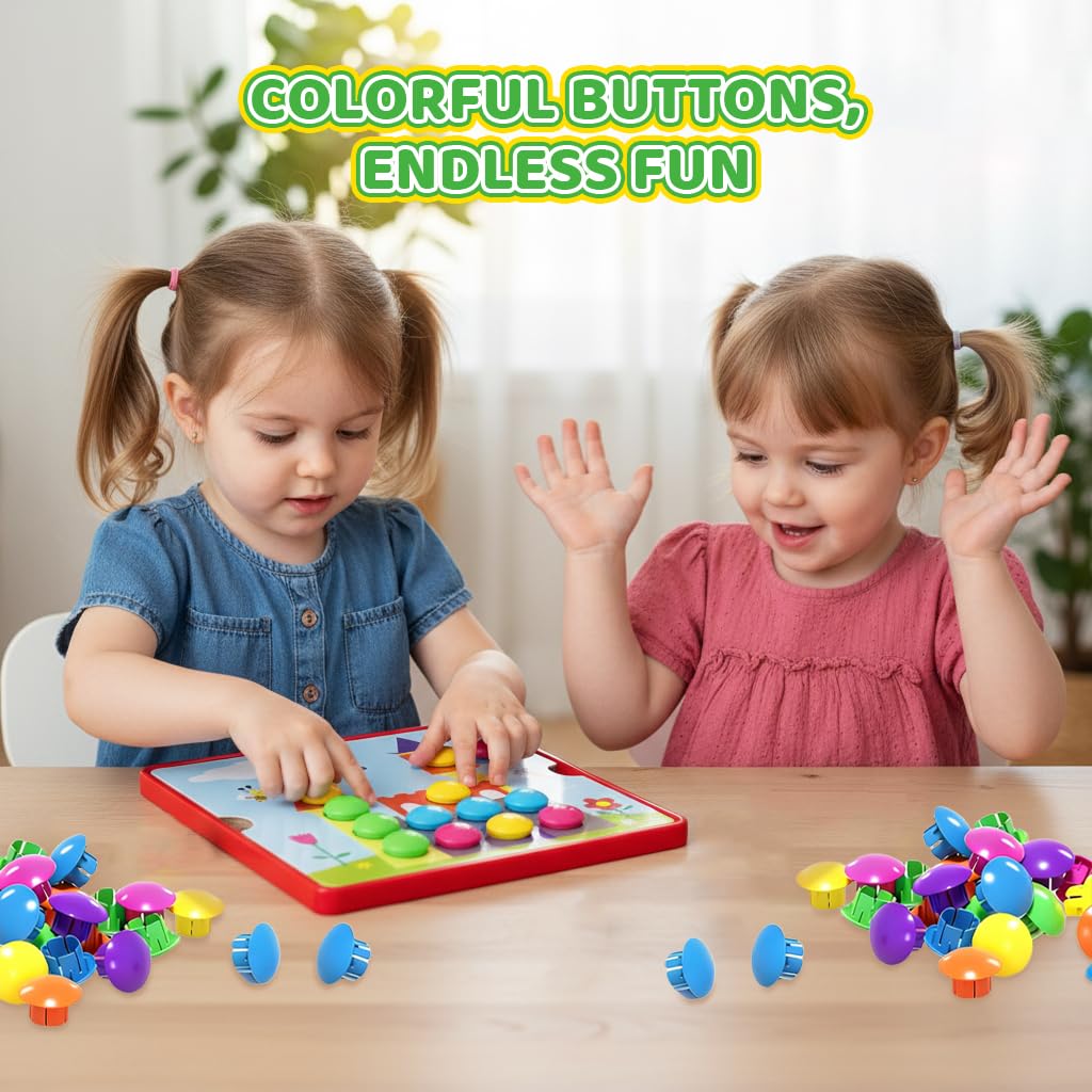 Fidtoy Button Art Matching Toy for Kids – Montessori Peg Board Mosaic Puzzle with Picture Cards