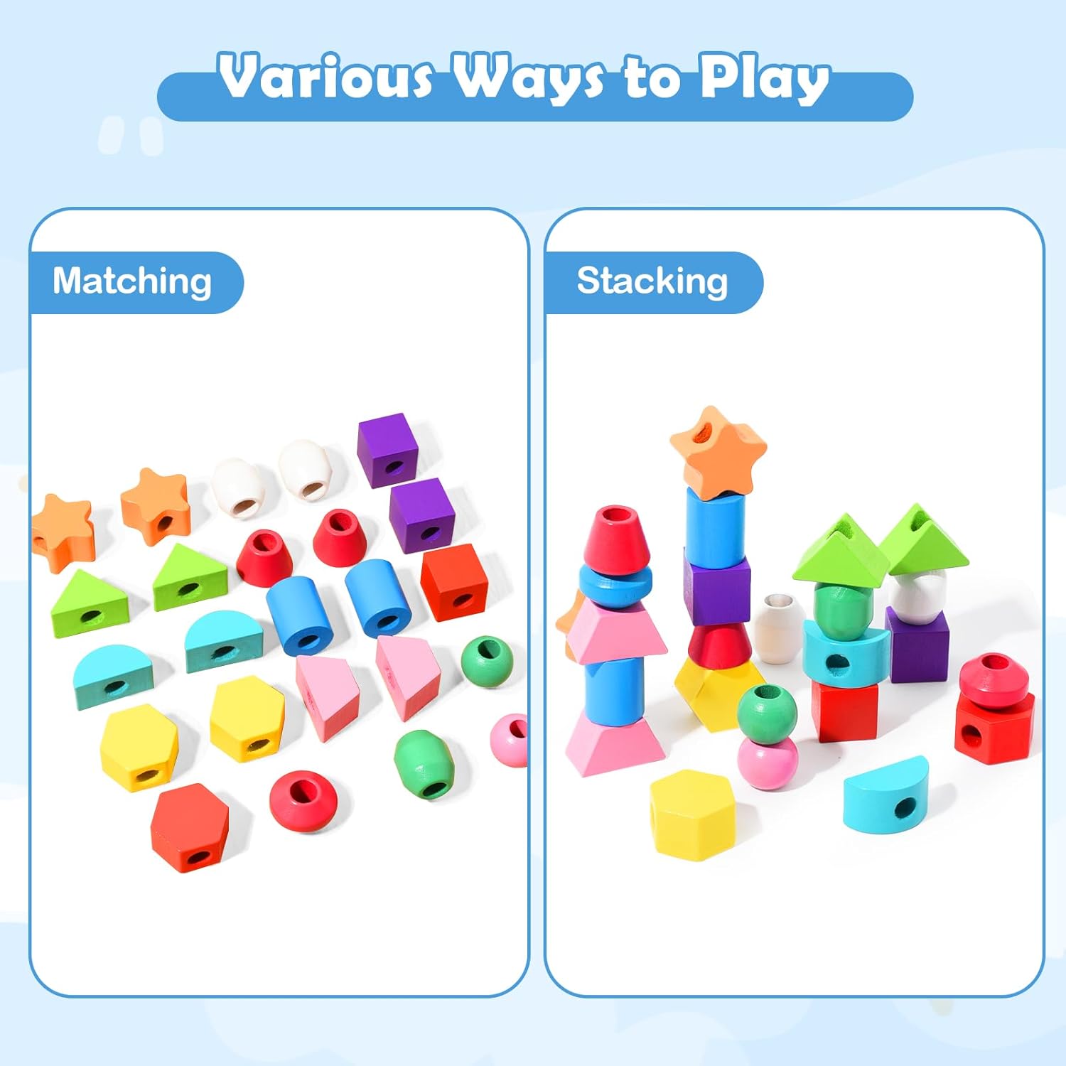 Fidtoy Montessori Shape Matching Game Wooden Sequencing and Threading Toy for Toddlers