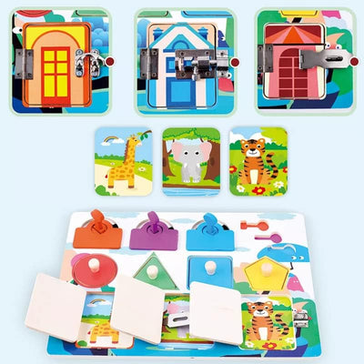 Dear Mia Little Liz | Montessori Busy Board Tablero de Puertas con Cerradura Figura | Estimulación temprana | Entrenar Motricidad Fina | Coordinación Ojo-Mano | Niños Infantil