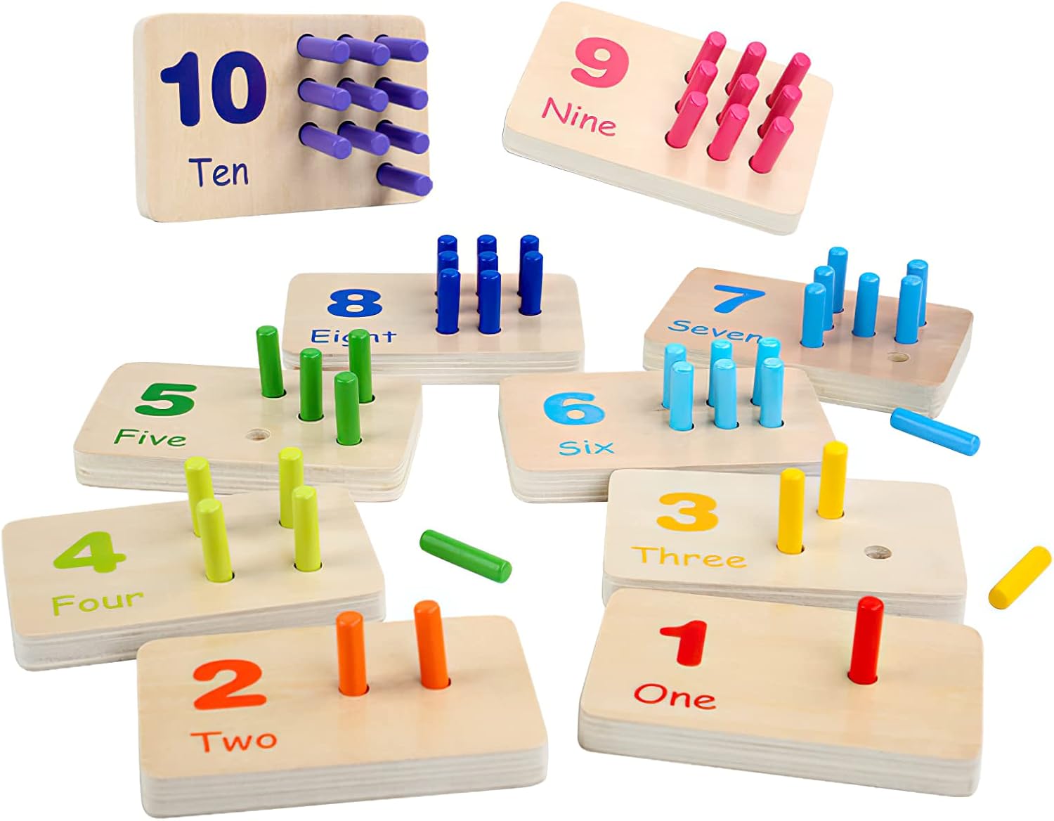 MIKNEKE Montessori Number Counting Blocks Peg Board Toys, Wooden Math Manipulative Materials for Preschool, Number Montessori Learning Toy for Toddlers & Kindergarteners (Colorful Peg)