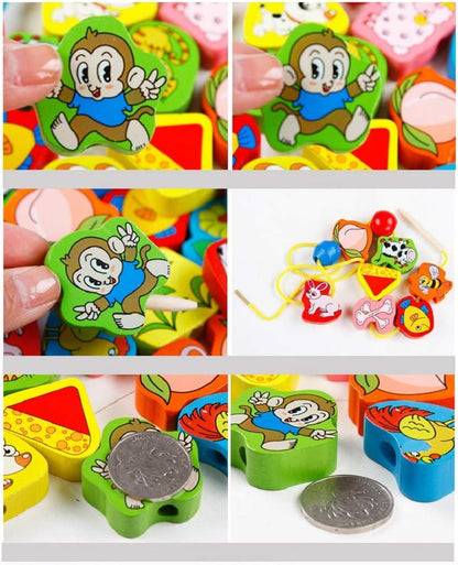 63 Piece Colorful Wood Animal Pair On The Rope Lacing Beads Early Teaching Toy
