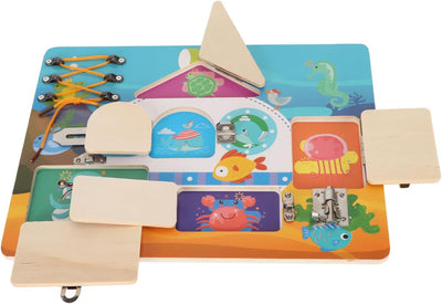 Tableau sensoriel, stimulation cérébrale, planche d'activités sensorielles, coordination œil-main, thème océan, exploration cognitive pour la maternelle et les tout-petits