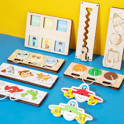 Fidtoy Wooden Busy Board Toy Montessori Activity Board for Toddlers Animal Vehicle Learning Toy Fine Motor Skills Sensory Travel Quiet Toy Gift