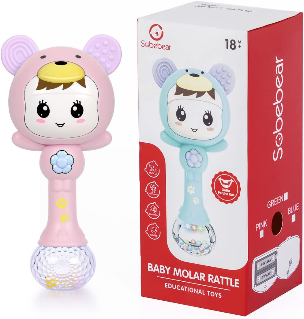 Fidtoy Light Up Musical Baby Rattle Teether Toy – Pink Sensory Rattle with Lights, Sounds, Teething Ears, and Early Development Play