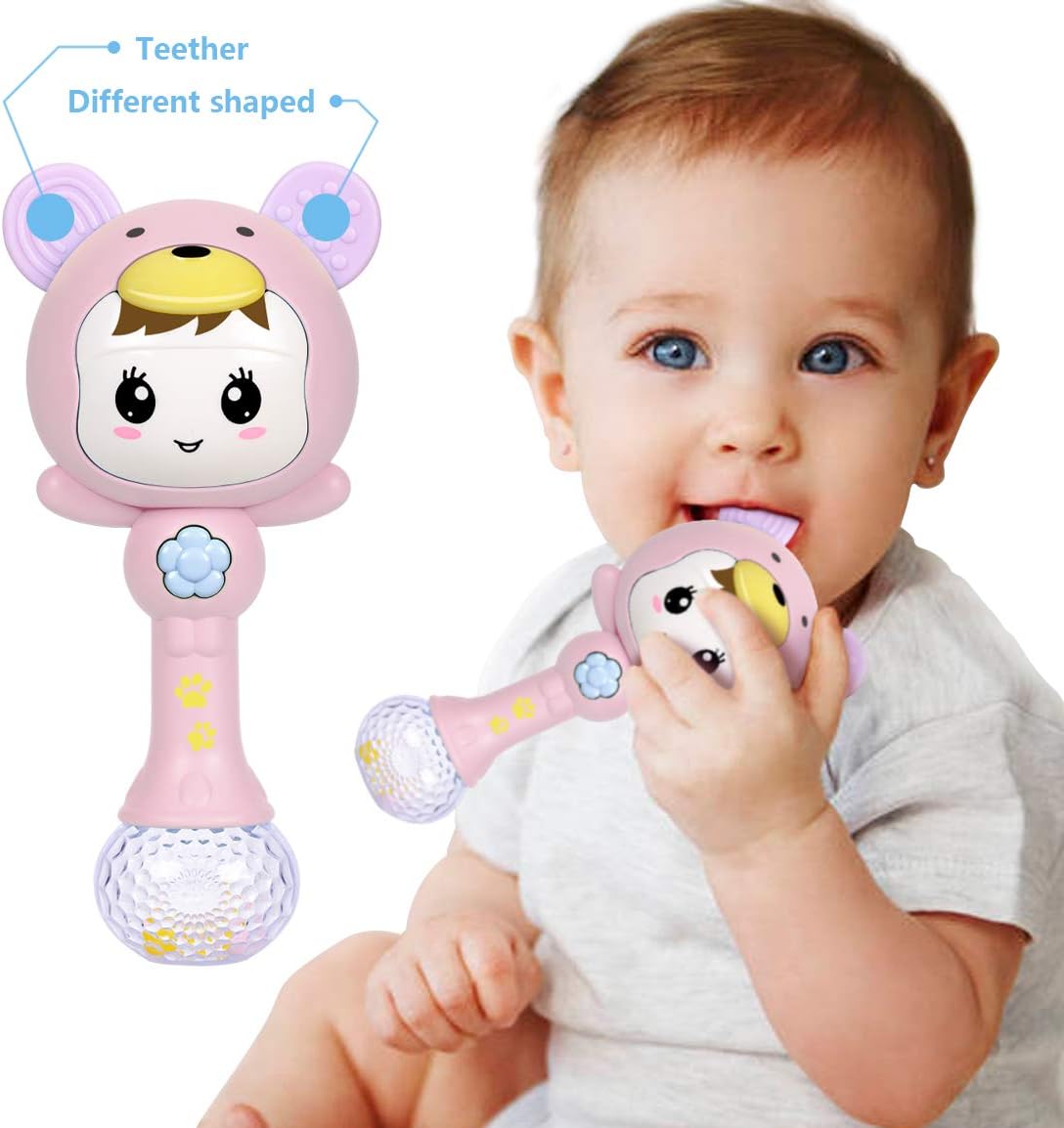 Fidtoy Light Up Musical Baby Rattle Teether Toy – Pink Sensory Rattle with Lights, Sounds, Teething Ears, and Early Development Play