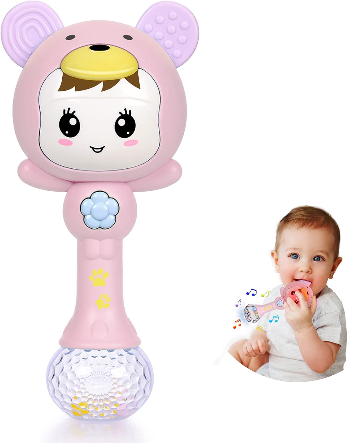 Fidtoy Light Up Musical Baby Rattle Teether Toy – Pink Sensory Rattle with Lights, Sounds, Teething Ears, and Early Development Play