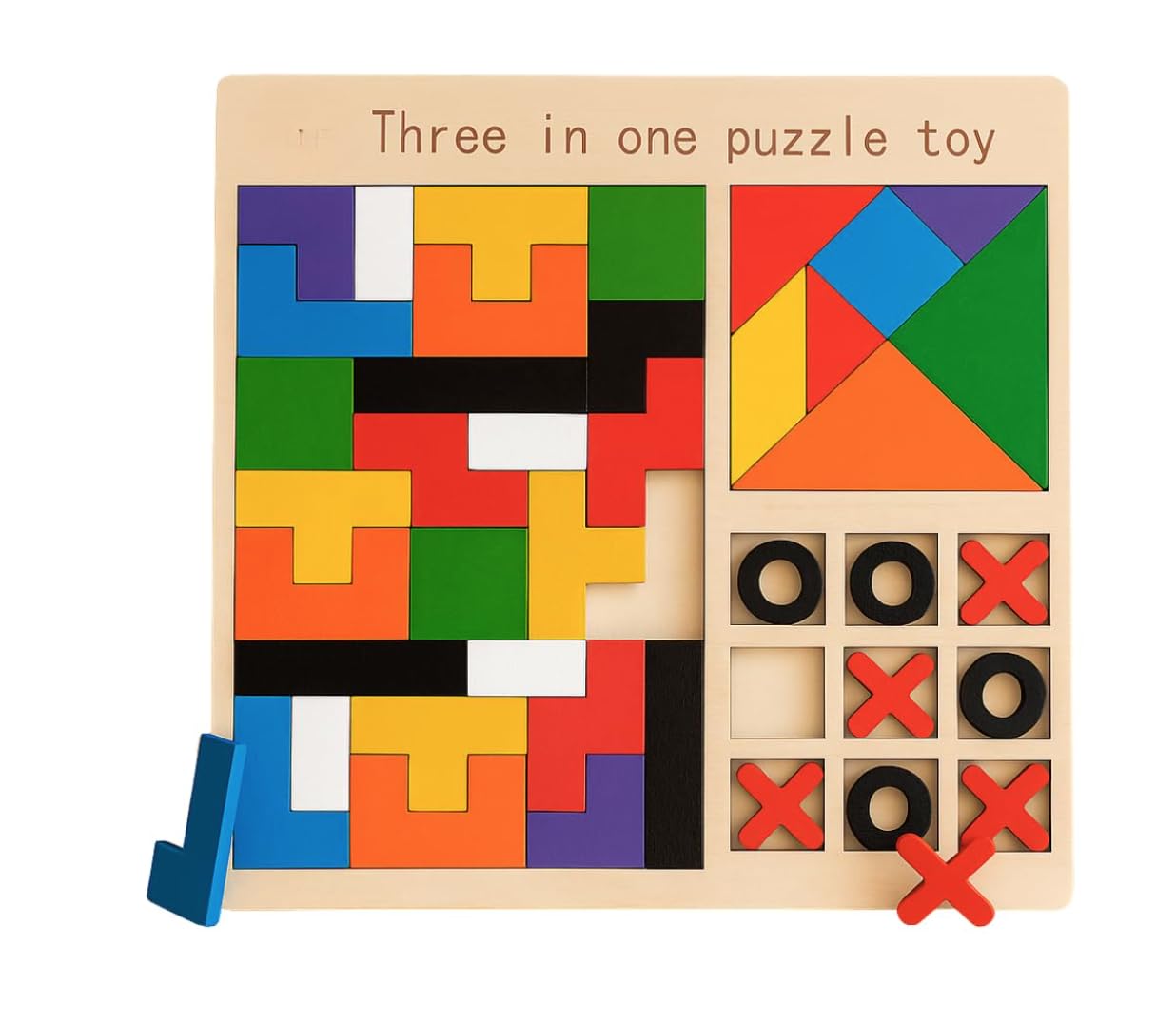 Fidtoy 3-in-1 Wooden Brainstorming Tetris and Number Learning Board for Kids, Wooden Puzzle Board with Block Puzzle, Tangram and Tic-Tac-Toe, Fine Motor and Strategy Toy Age 2–6