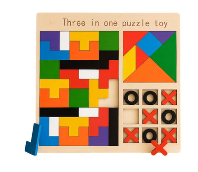 Fidtoy 3-in-1 Wooden Brainstorming Tetris and Number Learning Board for Kids, Wooden Puzzle Board with Block Puzzle, Tangram and Tic-Tac-Toe, Fine Motor and Strategy Toy Age 2–6
