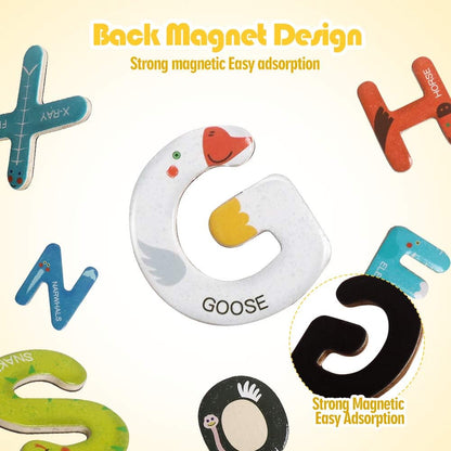 JCREN Jumbo Magnetic Animails Alphabet Uppercase Letters with Drawing Board,Fridge Wooden Magnets Sticks,ABCs, Early Letter Recognition,Learning Spelling Refrigerator for Toddler Kids Boy Girl