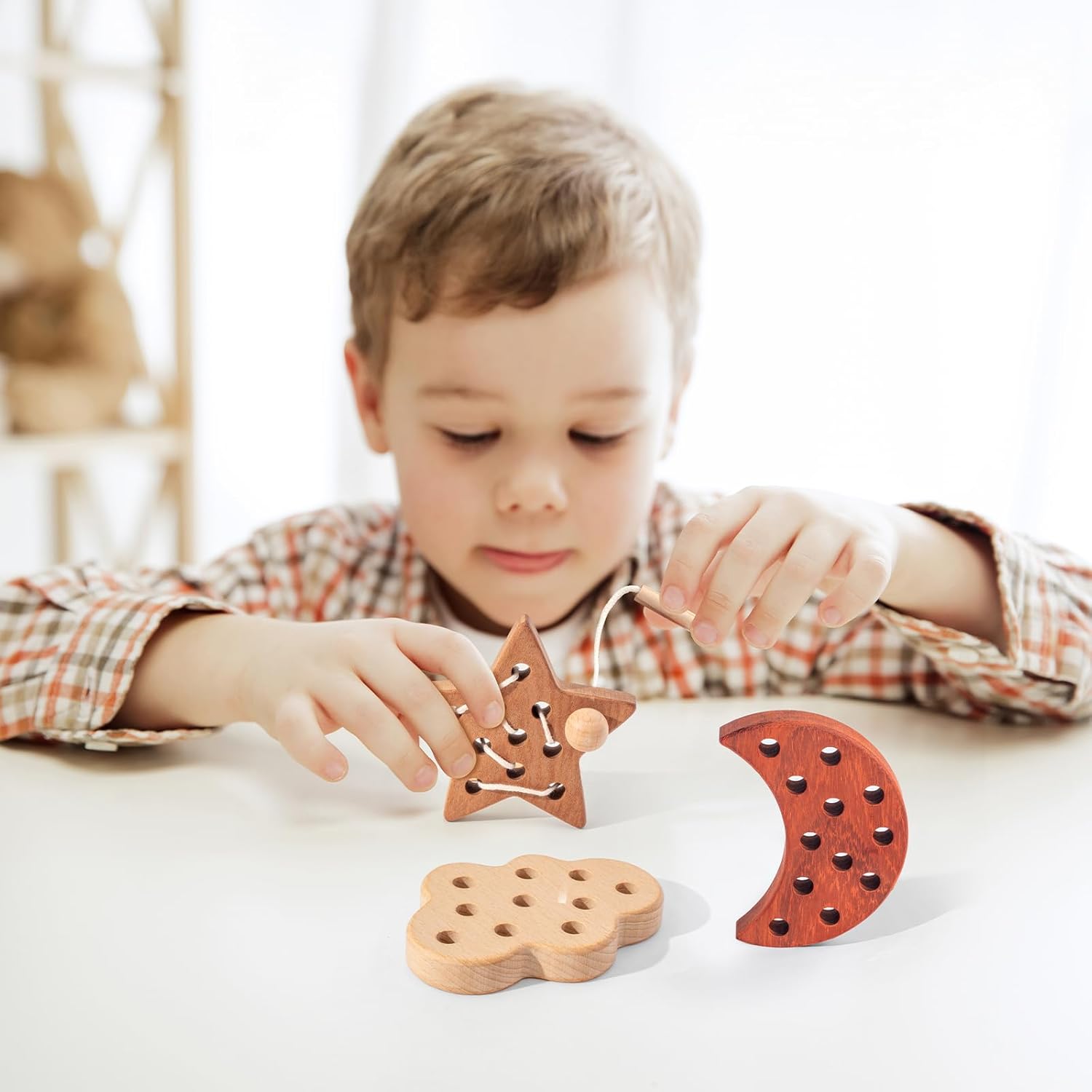 FlameFlash Wooden Lacing Toys for Toddlers 1-3 Solid Wood Threading Toys, Moon/Stars/Cloud Quiet Toddler Toys for Airplane Travel Fine Motor Skills Sensory Toys for 2 3 4 Year Old (Natural Wood)