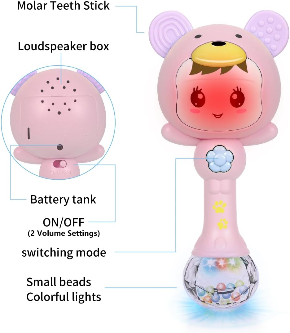 Fidtoy Light Up Musical Baby Rattle Teether Toy – Pink Sensory Rattle with Lights, Sounds, Teething Ears, and Early Development Play