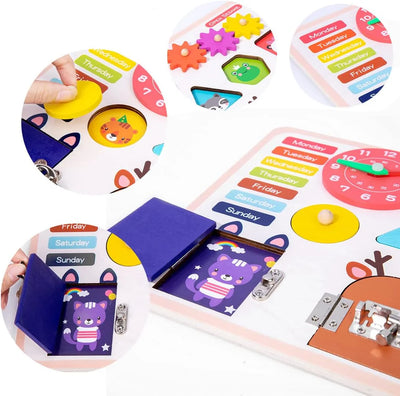 Fidtoy Wooden Busy Board with Locks Clock and Shape Puzzles