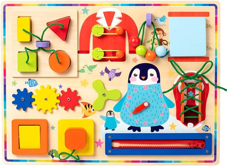 Fidtoy 10in1 Wooden Sensory Busy Board Activity for Toddlers, Wooden Montessori Practical Life Activity Board with Xylophone, Maze, Shape Sorter, Zipper, Clock, Gears and Switches Ages 2-4