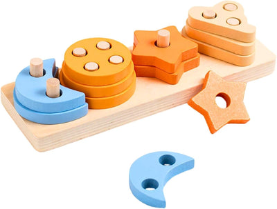 Fidtoy Wooden Star and Crescent Shape Sorting Column Montessori Stacking Board Shape Sorter Toy for Toddlers